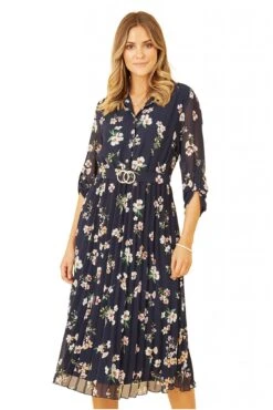 Mela London Navy Floral Print Midi Dress With Gold Buckle -Yumi Clothing Shop dxMoLplB 14777