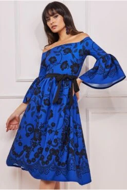 Goddiva Printed Off The Shoulder Midi Dress - Royalblue -Yumi Clothing Shop dzyARGhN 11618