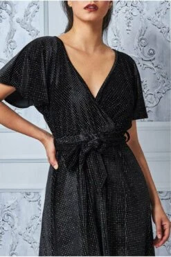 Goddiva Sparkle Wrap Style Flutter Sleeve Midi Dress - Black -Yumi Clothing Shop e8vLxWLB 6398