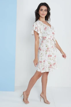 Lilura London Angel Sleeves Wrap Dress In White Floral Print -Yumi Clothing Shop eBNycAv4 15709