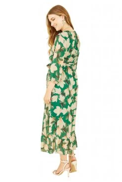 Yumi Green Blossom Wrap Midi Dress With 3/4 Sleeves -Yumi Clothing Shop eKmgzMJg 14853