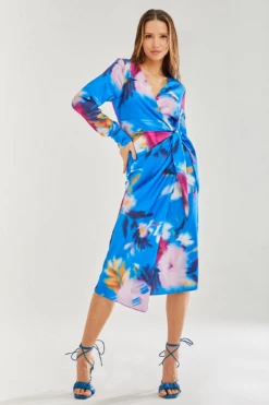 Liquorish Floral Satin Wrap Midi Dress