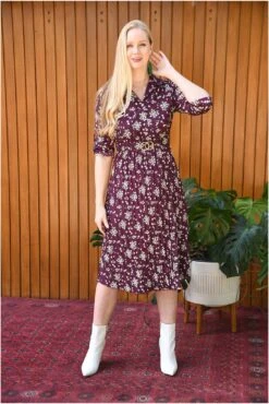 Mela London Burgundy Ditsy Daisy Pleated Midi Dress