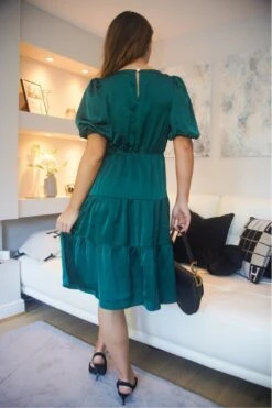 Double Second Green Satin Puff Sleeve V-neck Tiered Dress -Yumi Clothing Shop fHSTlZ5Y 14379