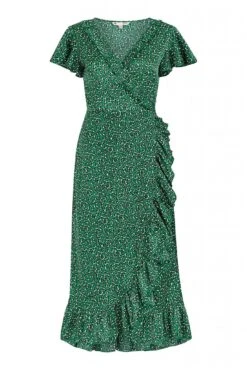 Yumi Green Leopard Satin Frill Wrap Midi Dress -Yumi Clothing Shop fOprPDcs 13328