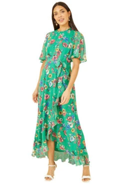 Yumi Green Floral Bird Print Midi Frill Dress
