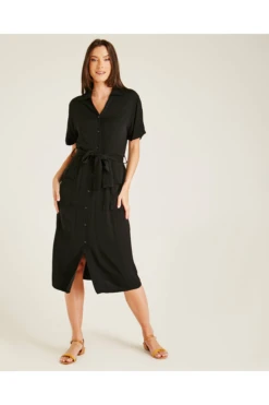 Dusty Pink Button Up Short Sleeve Midi Dress | Black