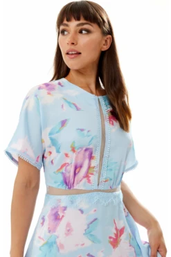 Liquorish Midi Floral Print Dress With Mesh Detail In Blue -Yumi Clothing Shop fu4AxbjK 10790