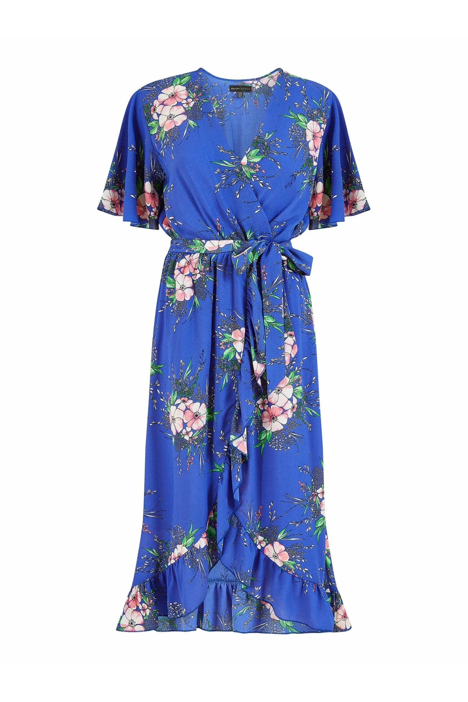 Mela London Blue Floral Dip Hem Wrap Midi Dress 5 Mela London Blue Floral Dip Hem Wrap Midi Dress - Image 5