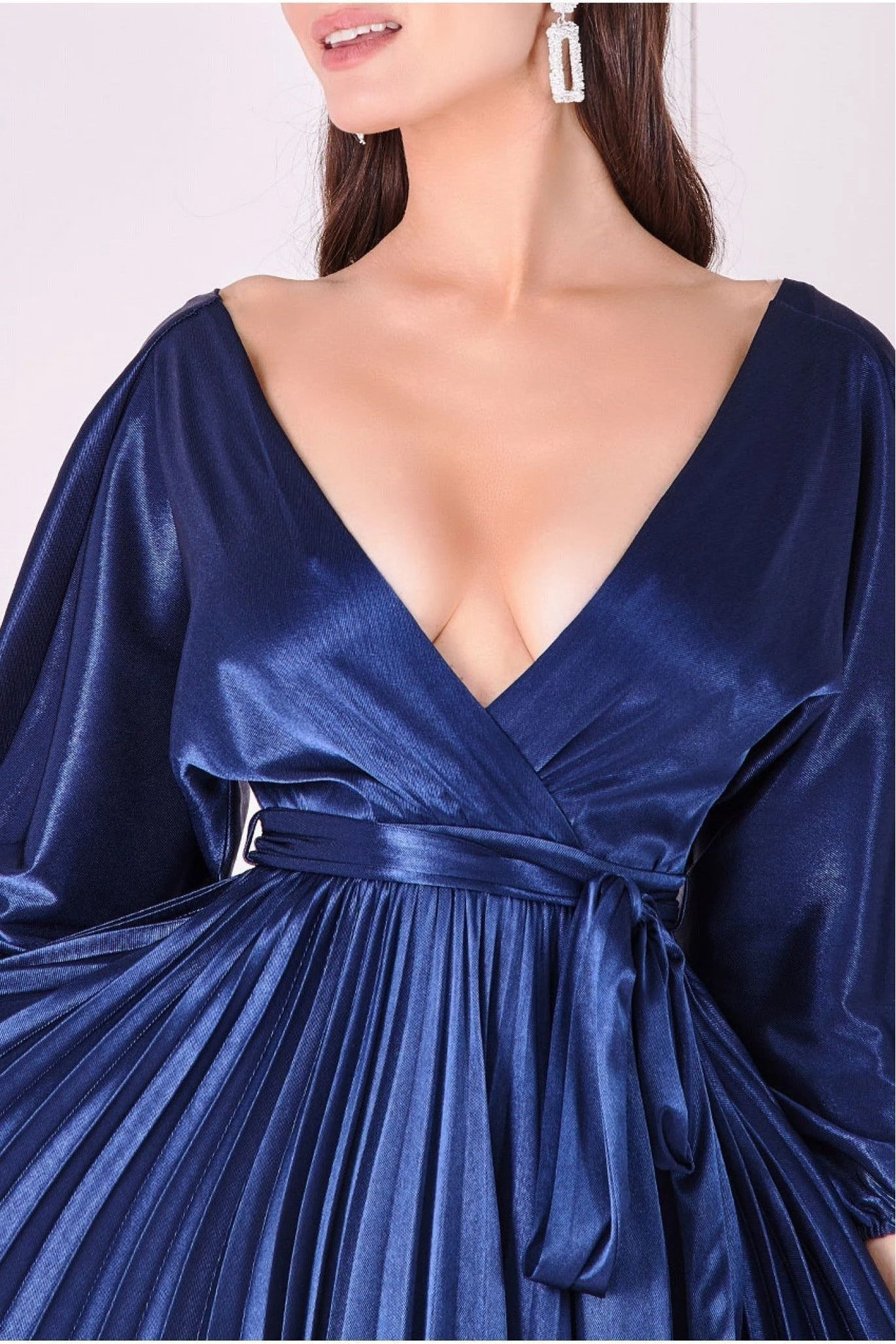 Goddiva Satin Pleated Skirt Wrap Midi Dress - Navy 4 Goddiva Satin Pleated Skirt Wrap Midi Dress - Navy - Image 4