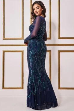 Goddiva Long Sleeve Sequin Flame Maxi Dress - Navy 7 Goddiva Long Sleeve Sequin Flame Maxi Dress - Navy -Yumi Clothing Shop gQzEEh8z 13069