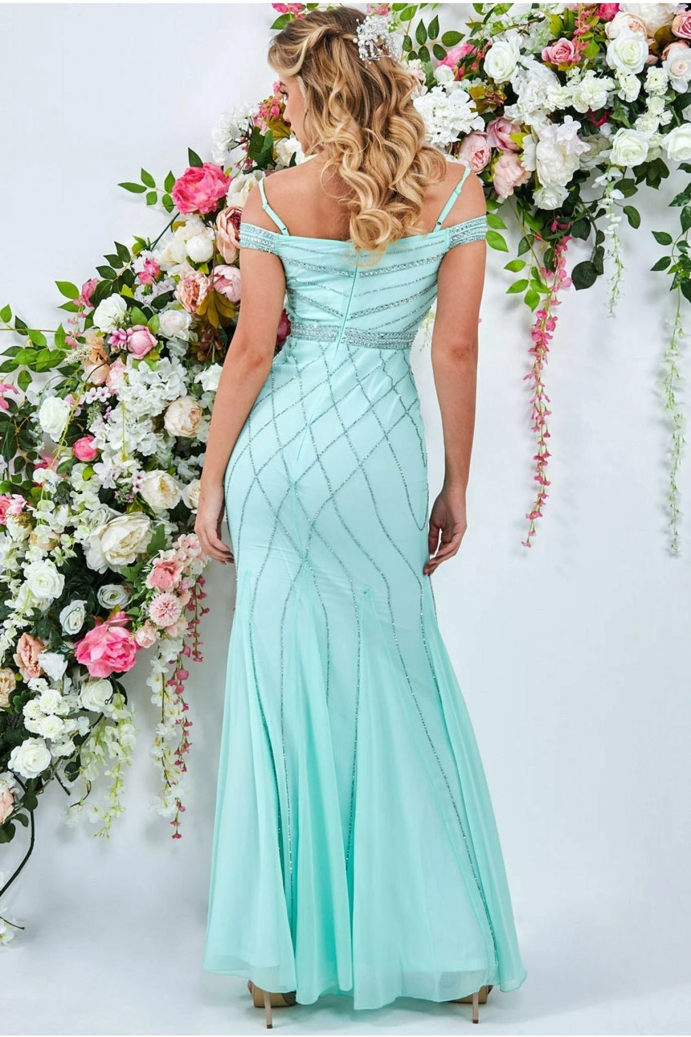 Goddiva Off The Shoulder Sequin Maxi Dress - Mint 2 Goddiva Off The Shoulder Sequin Maxi Dress - Mint - Image 2