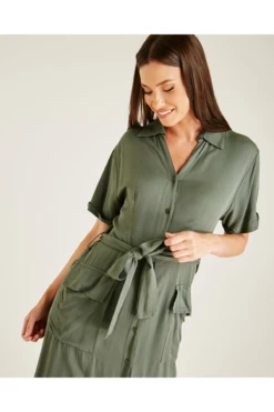 Dusty Pink Button Up Short Sleeve Midi Dress | Dark Khaki -Yumi Clothing Shop gh4iMgBW 12192