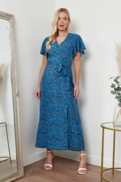 Lilura London Wrap Front Maxi Dress In Blue Animal Print -Yumi Clothing Shop ghX6B4hL 15686