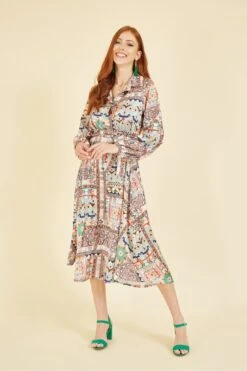 Yumi Patchwork Print Long Sleeve Shirt Dress