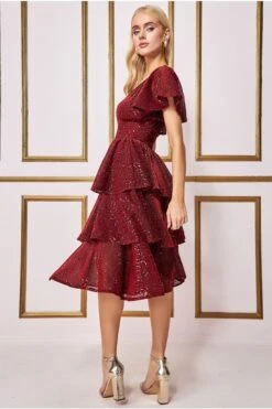 Goddiva Sequin Lurex Tiered Midi Dress - Wine -Yumi Clothing Shop gmZSQQMr 13465