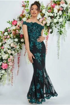 Goddiva Bardot Sequin Embroidered Maxi Dress - Emerald Green -Yumi Clothing Shop hK703H1S 9546