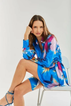 Liquorish Blue Floral Satin Mini Wrap Dress -Yumi Clothing Shop hLbWN3QM 8711