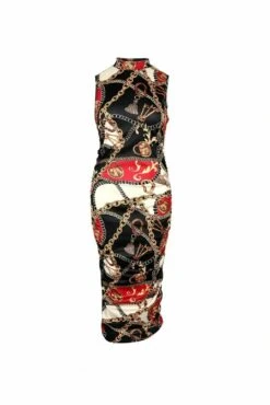 De La Creme Fashions Black Chain Scarf Print Ruched Dress 9 De La Creme Fashions Black Chain Scarf Print Ruched Dress -Yumi Clothing Shop hRt0RLiF 11628