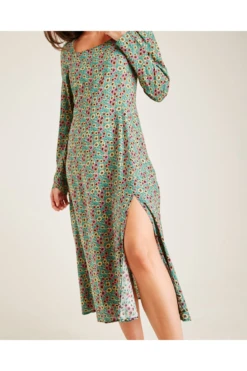 Dusty Pink Floral Long Sleeve Slit Dress | Green -Yumi Clothing Shop hXlRoccv 12038