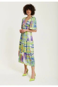 Liquorish Green Abstract Print Midi Dress With Short Sleeves -Yumi Clothing Shop hXxG8a2P 15657