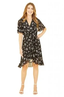 Mela London Black Floral Frill Wrap Dress -Yumi Clothing Shop hexrpQZ2 14761