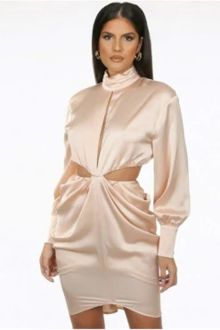 De La Creme Fashions Pleated High Neck Cut Out Mini Dress