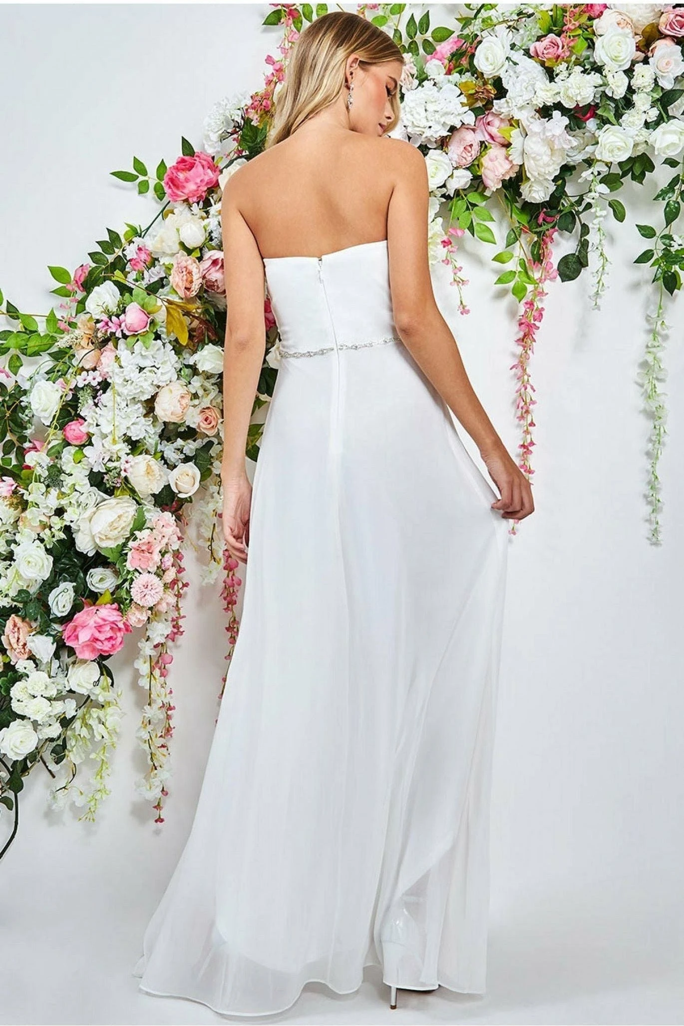 Goddiva Bardot Chiffon Wedding Dress With Belt - White 2 Goddiva Bardot Chiffon Wedding Dress With Belt - White - Image 2
