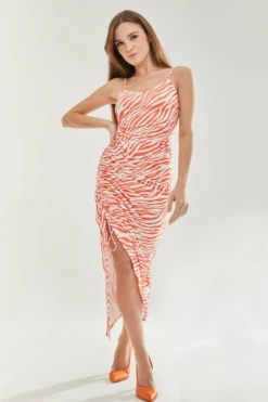 Liquorish Zebra Print Cami Dress In Orange And White