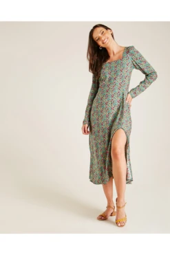 Dusty Pink Floral Long Sleeve Slit Dress | Green