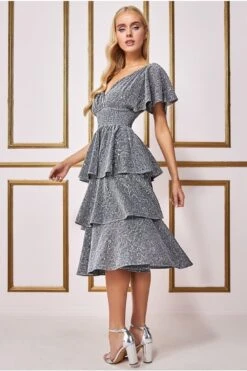 Goddiva Sequin Lurex Tiered Midi Dress - Silver -Yumi Clothing Shop iyyFLr77 13466