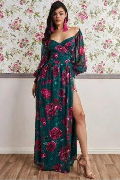 Goddiva Off The Shoulder Wrap Maxi Dress - Emerald Green -Yumi Clothing Shop j2XcTISu 9901