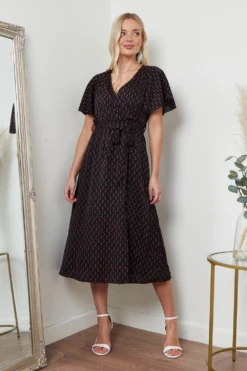 Lilura London Angel Sleeves Midi Wrap Dress In Black Floral -Yumi Clothing Shop j5411Y7E 15698