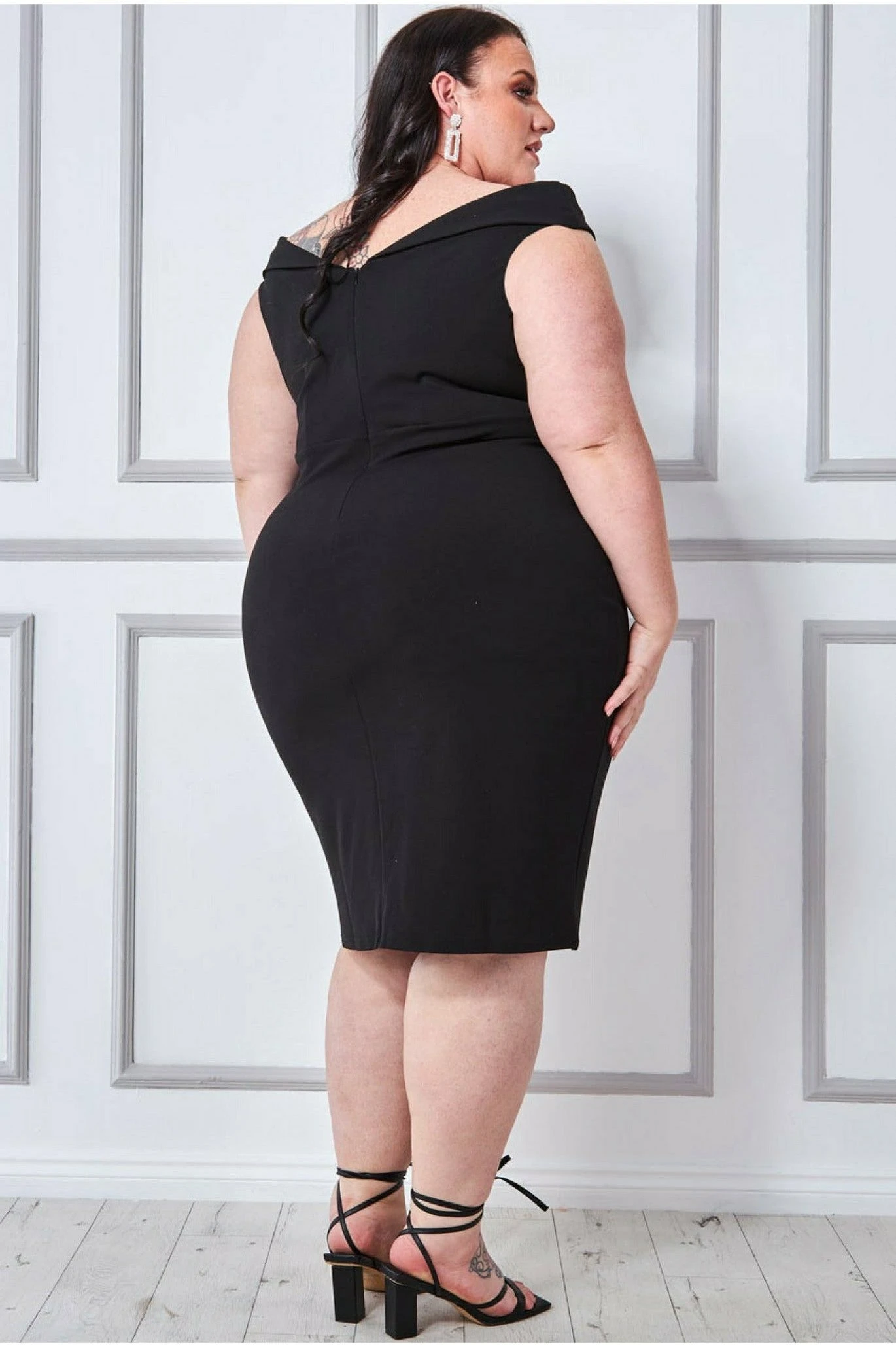 Goddiva Plus Size Front Twist Bardot Midi Dress - Black 2 Goddiva Plus Size Front Twist Bardot Midi Dress - Black - Image 2