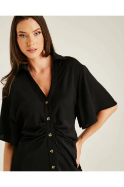 Dusty Pink Ruched Front Button Up Dress | Black -Yumi Clothing Shop jHdhuGVJ 12200