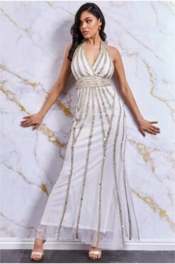 Goddiva Halter Neck Embellished Maxi Dress - White -Yumi Clothing Shop jVD55lQH 5299