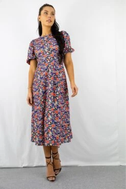 Signage Blue Floral Print Round Neck Puff Sleeve Midi Dress -Yumi Clothing Shop jc3xhsC0 15266