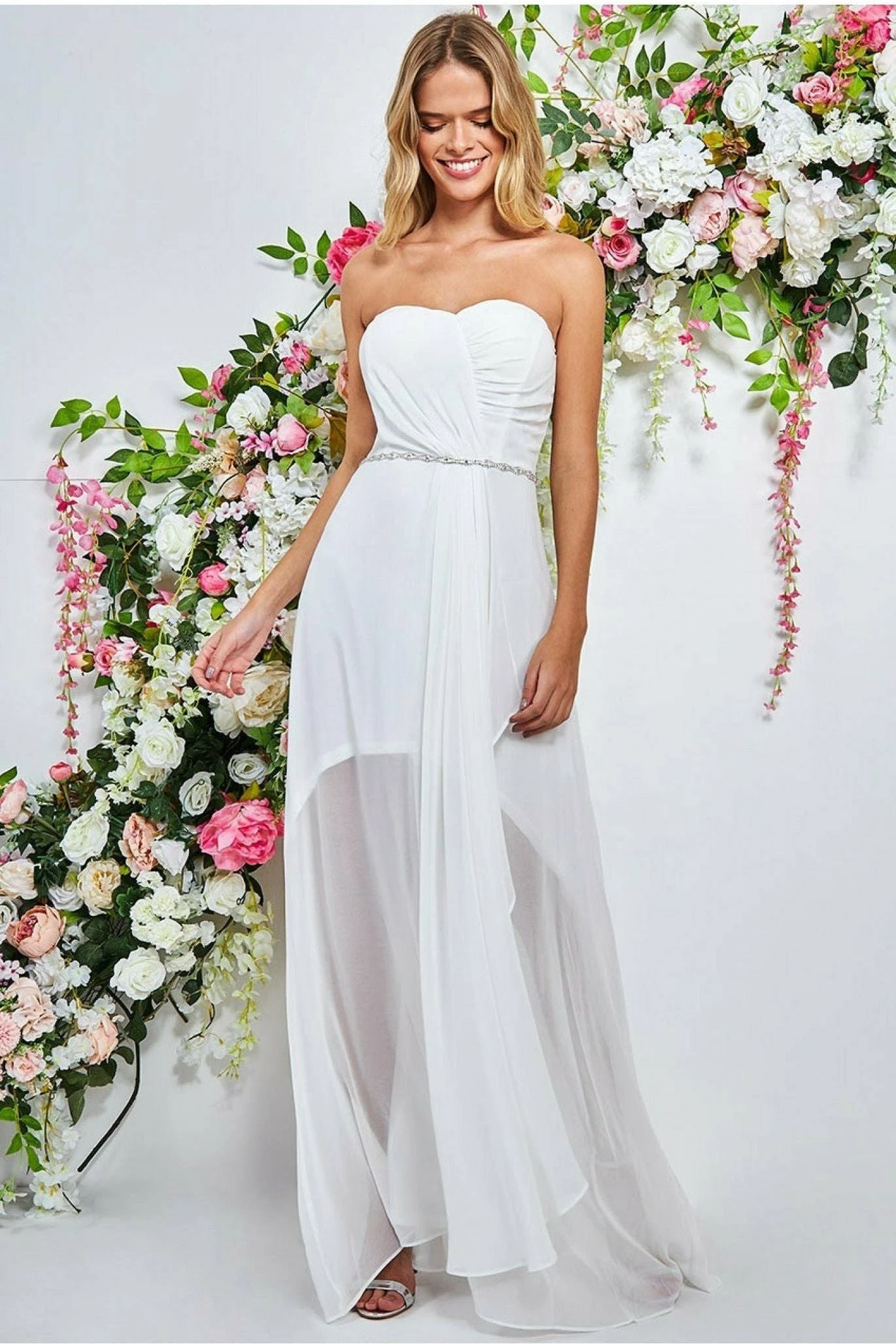 Goddiva Bardot Chiffon Wedding Dress With Belt - White 1 Goddiva Bardot Chiffon Wedding Dress With Belt - White