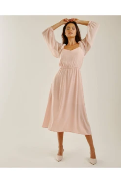 Dusty Pink Balloon Sleeve Midi Dress | Rose