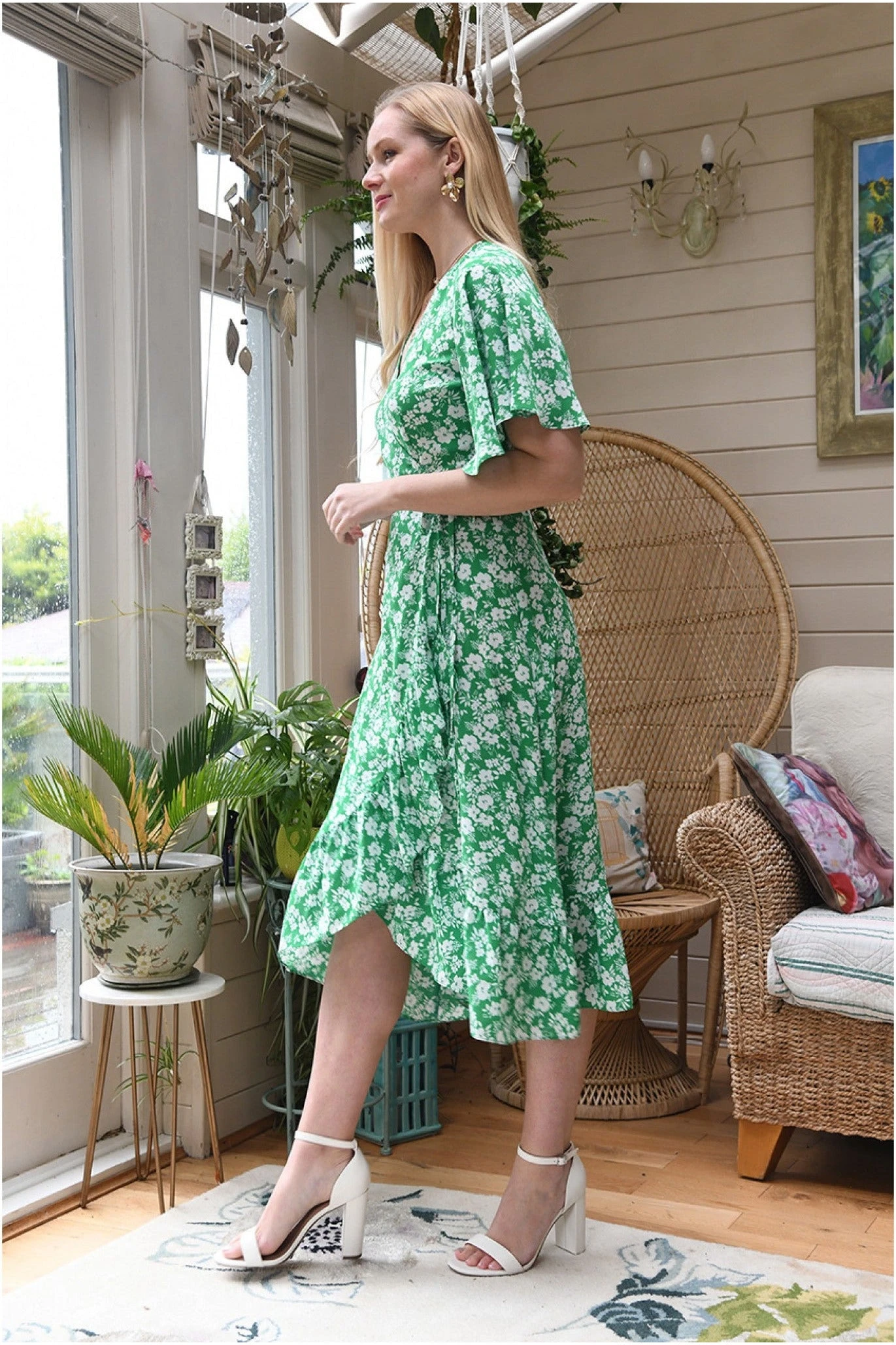Mela London Green Ditsy Daisy Wrap Effect Frill Dress 4 Mela London Green Ditsy Daisy Wrap Effect Frill Dress - Image 4