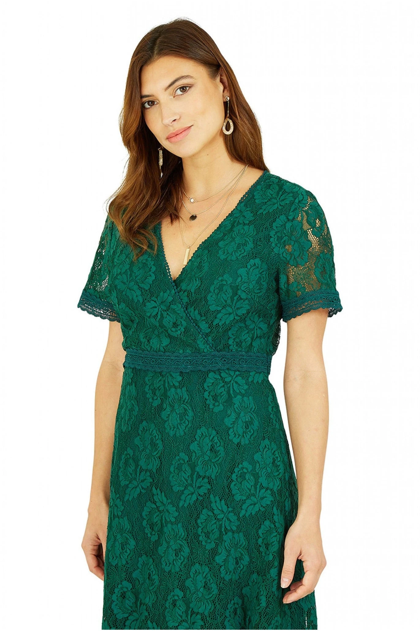 Yumi Green Lace Skater Midi Dress With Ruffle Hem 2 Yumi Green Lace Skater Midi Dress With Ruffle Hem - Image 2