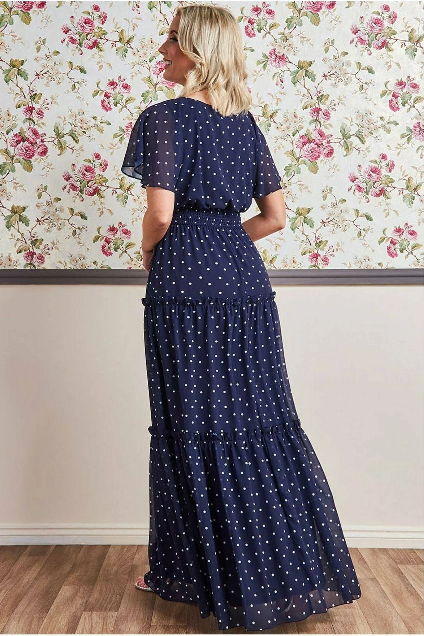 Goddiva Polka Dot Tiered Chiffon Maxi Dress - Navy 2 Goddiva Polka Dot Tiered Chiffon Maxi Dress - Navy - Image 2