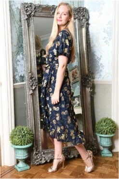 Mela London Navy Rose Foil Print Wrap Midi Dress -Yumi Clothing Shop kejbkhTX 13507