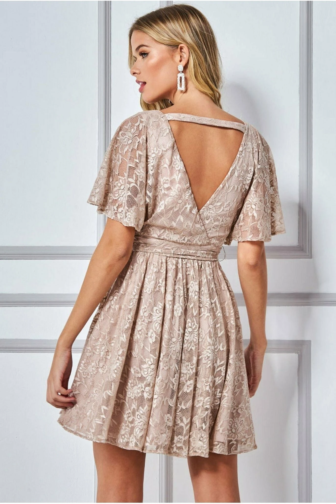 Goddiva Lace Kimono Wrap Skater Mini Dress - Stone 2 Goddiva Lace Kimono Wrap Skater Mini Dress - Stone - Image 2