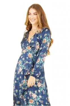 Mela London Navy Long Sleeve Floral Print Satin Wrap Dress -Yumi Clothing Shop kvtd1pgM 14771