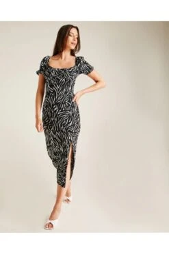 Dusty Pink Animal Print Front Slit Midi Dress | Black