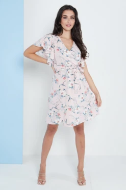 Lilura London Angel Sleeves Wrap Dress In Pink Floral Print -Yumi Clothing Shop lAftqf1S 15710