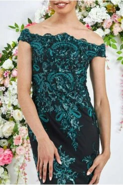 Goddiva Bardot Sequin Embroidered Maxi Dress - Emerald Green -Yumi Clothing Shop lWFUctej 9546