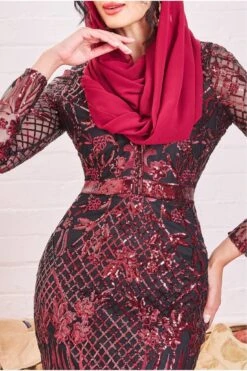 Goddiva Modesty Sequin Evening Maxi Dress - Wine -Yumi Clothing Shop lXzlR2ao 15363