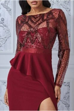 Goddiva Sequin Bodice With Front Frill Midi Dress - Wine -Yumi Clothing Shop lbnj8pEd 6511